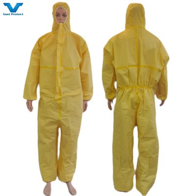 Protezione chimica abbigliamento monouso in giallo di sicurezza con norma EN14605 e CE