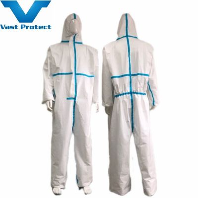 65GSM Bianco Soft Disposable Microporous Coverall con Blue Tape a prova di polvere e spruzzi