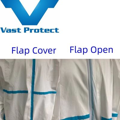 65GSM Bianco Soft Disposable Microporous Coverall con Blue Tape a prova di polvere e spruzzi