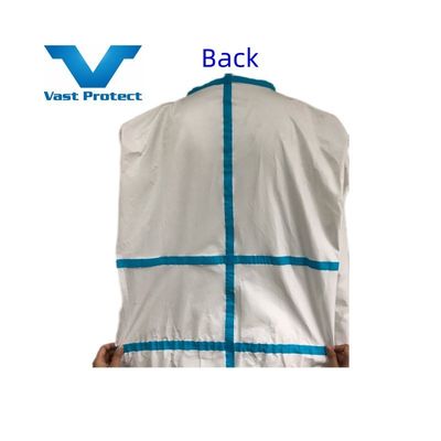 65GSM Bianco Soft Disposable Microporous Coverall con Blue Tape a prova di polvere e spruzzi