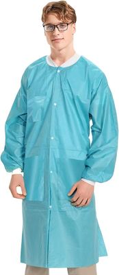 Abiti da laboratorio monouso a prova di polvere per adulti con manette e tasche a maglia certificati ISO9001
