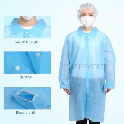 Cappotto da laboratorio monouso in polipropilene con polsi elastici e chiusura unisex impermeabile