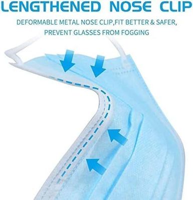 Clip elastico per il naso 3 Ply Ear-Loop Maschera blu usa e getta per la pelle morbida e il comfort